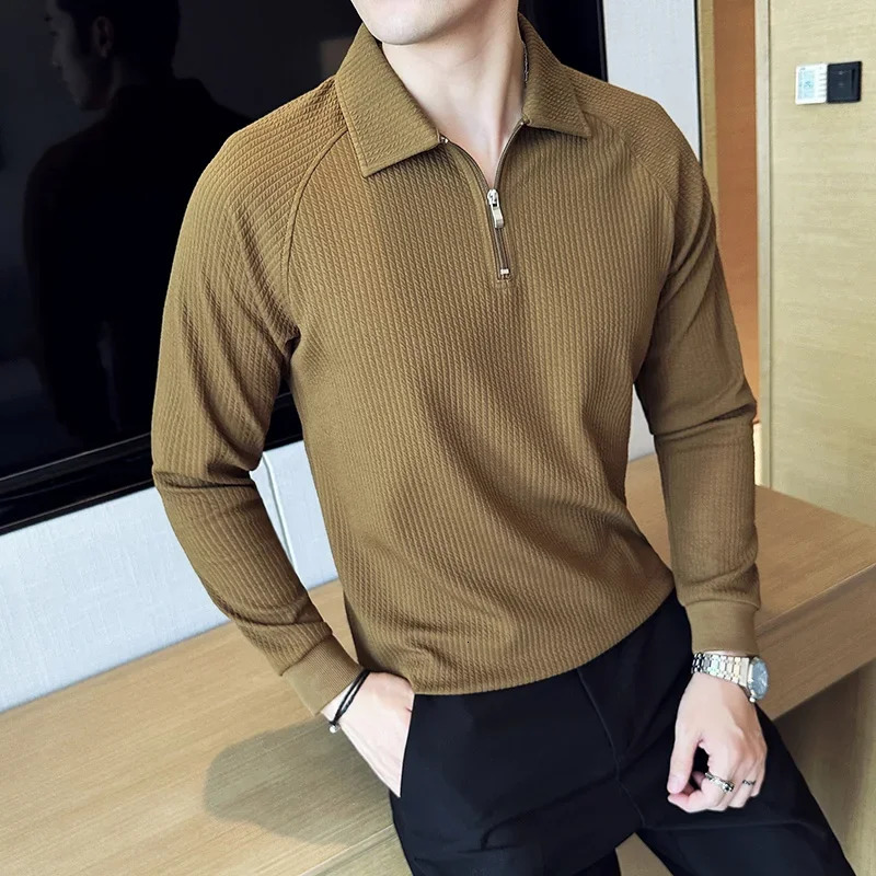 Mens high elasticity long sleeved polo shirt autumn and winter knitted floral collar slim fit solid casual T-shirt 250103