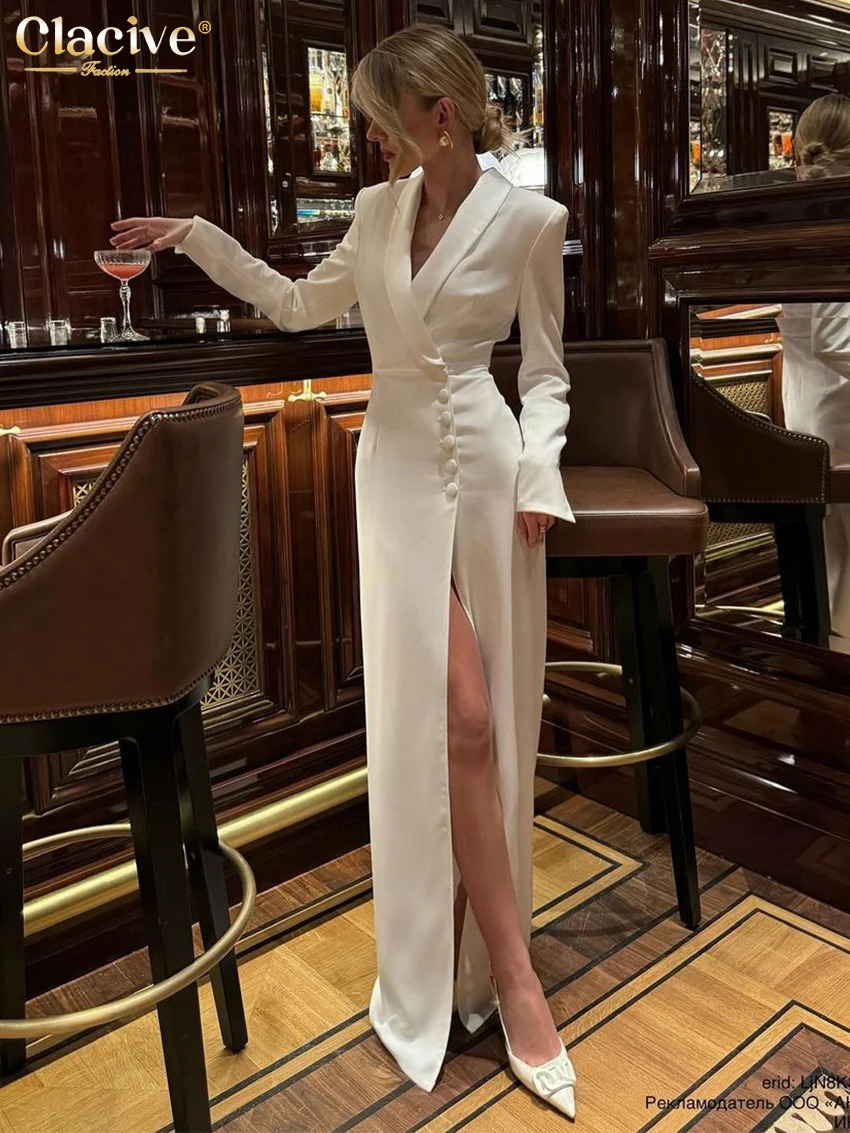 Clacive Fashion Slim White Dress Bodycon Lapel Long Sleeve Ankle Length Dress Party Elegant Classic Slit Dresses For Women 250103