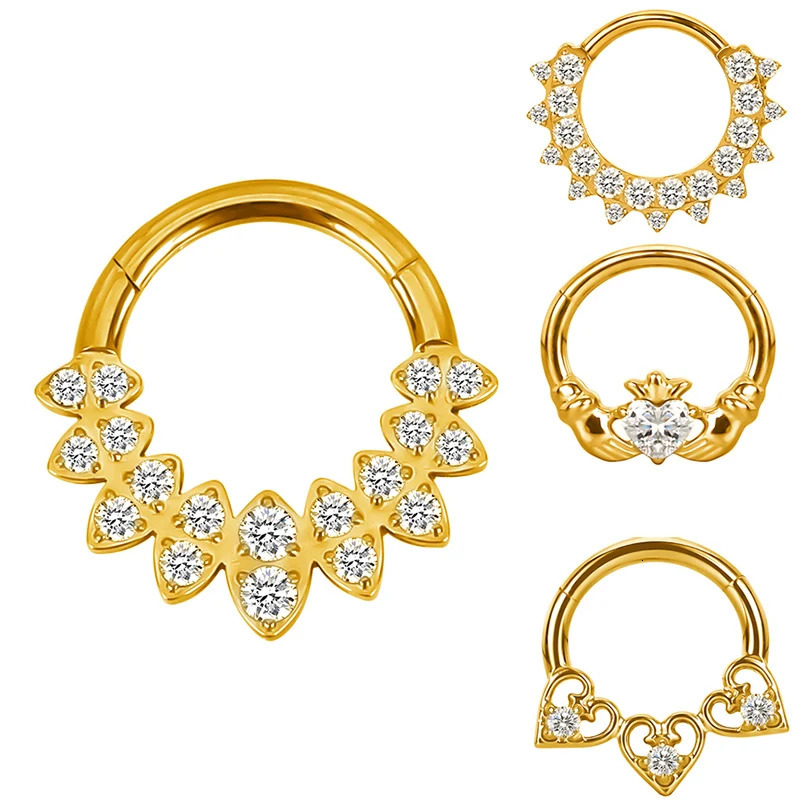 ASTM F136 EAR PIERC Fan-shaped and Heart CZ Hoop Nose Rings Hinged Clicker Labret Tragus Ring Body Piercing Jewelry 250103