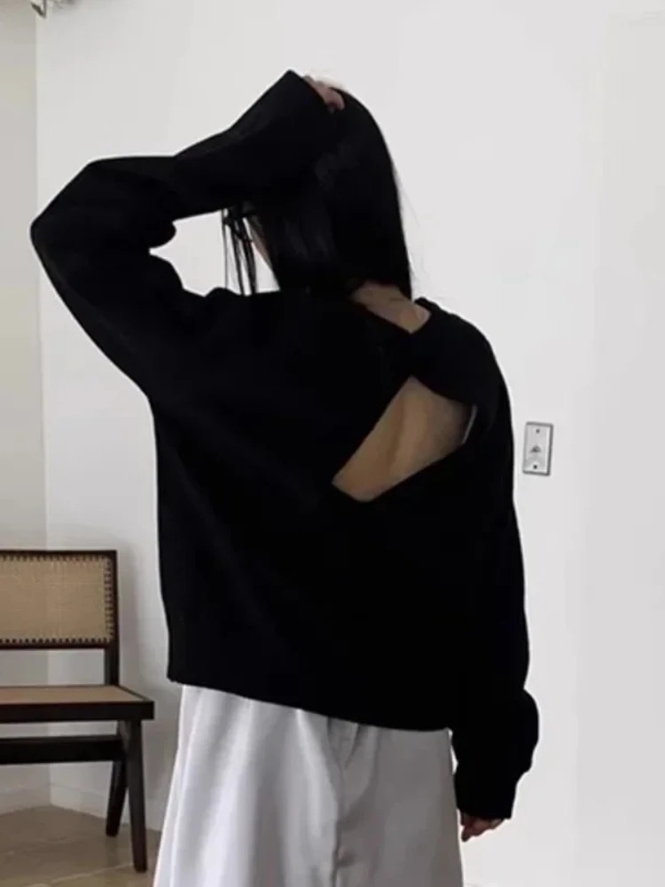 Sexy Backless Knitted Sweaters Hollow Out Long Sleeve O Neck Women Lazy Wind Pullover Vintage Loose Casual Streetwear Top 250103