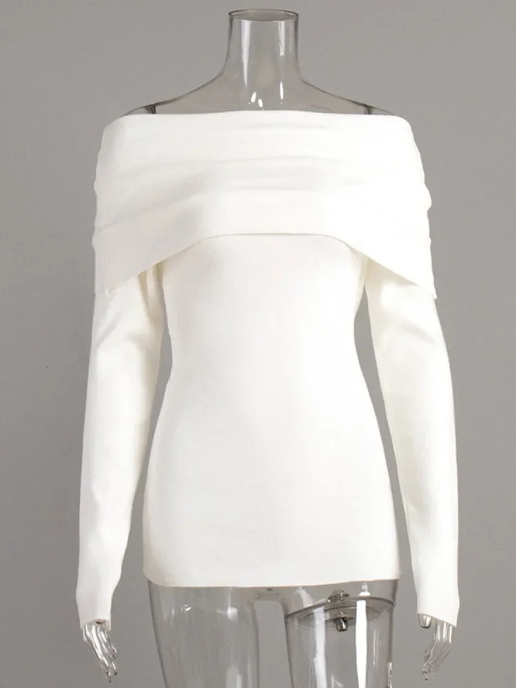 Beautyblue Off Shoulder Long Sleeve Sweater Skinny Pullovers Elegant Spring Knitted Bottoming Shirt One Sexy Tops 250103