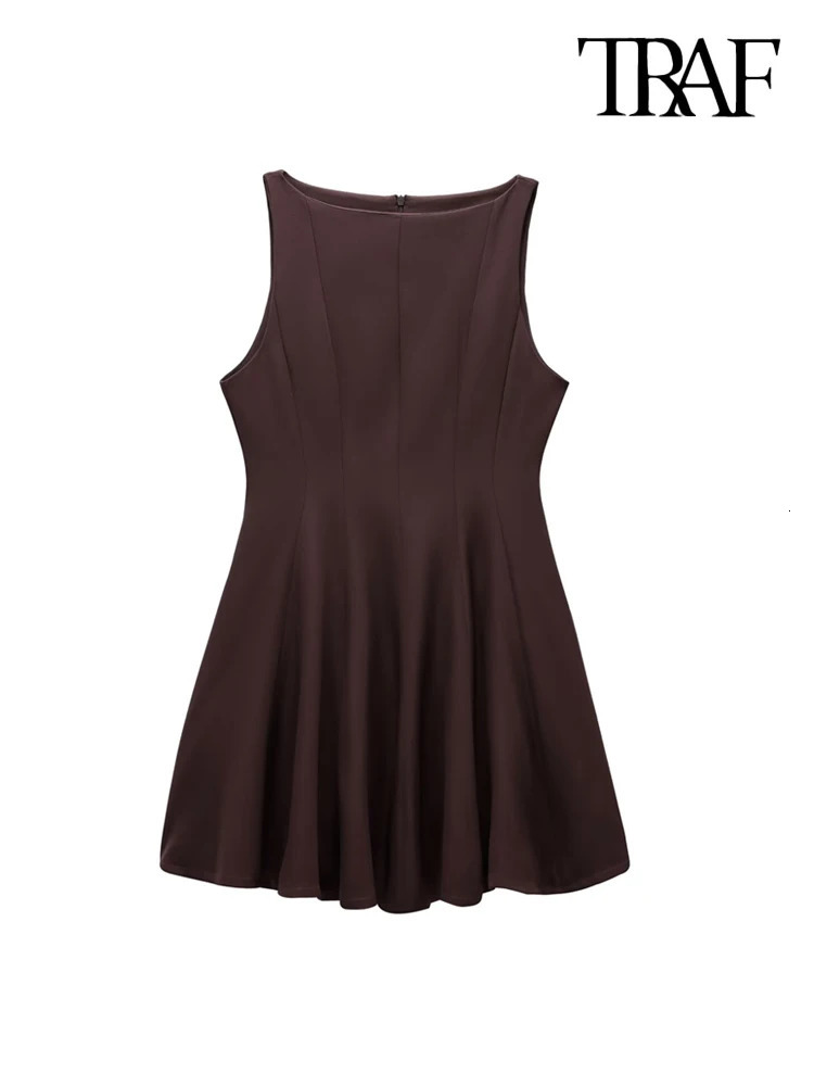 TRAFWomens Flared Mini Dress Boat Neck Sleeveless Female Dresses Chic Fashion 250103