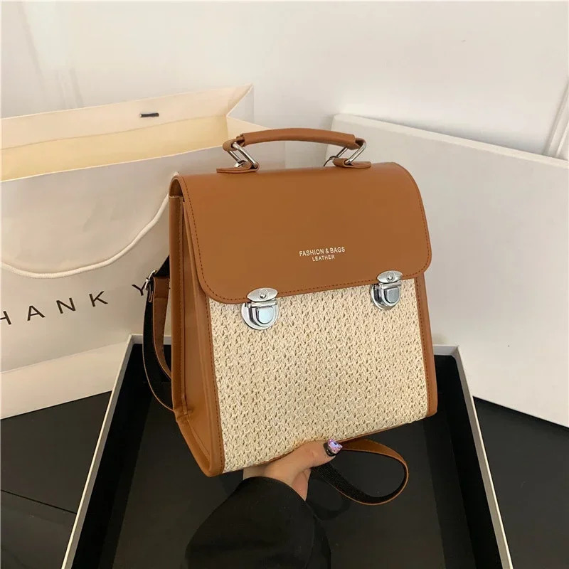 High Quality PU Straw Fashion Backpack Simple Versatile Crossbody Bags for Women Summer Large Capacity 250102