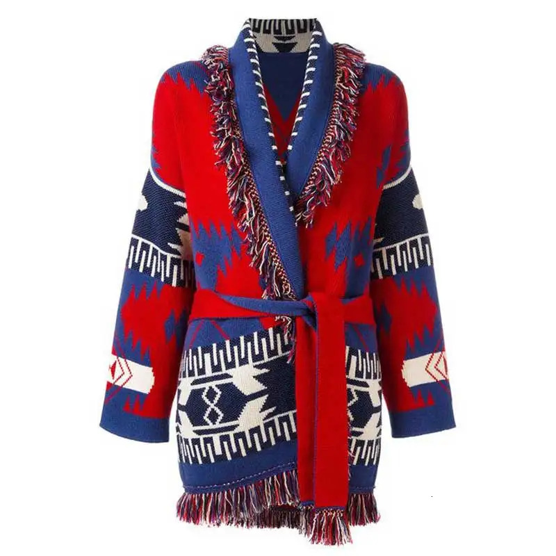 jacquard knit cardigan fringe street wear fashion icon women warm long sleeve belt tied coat 250103