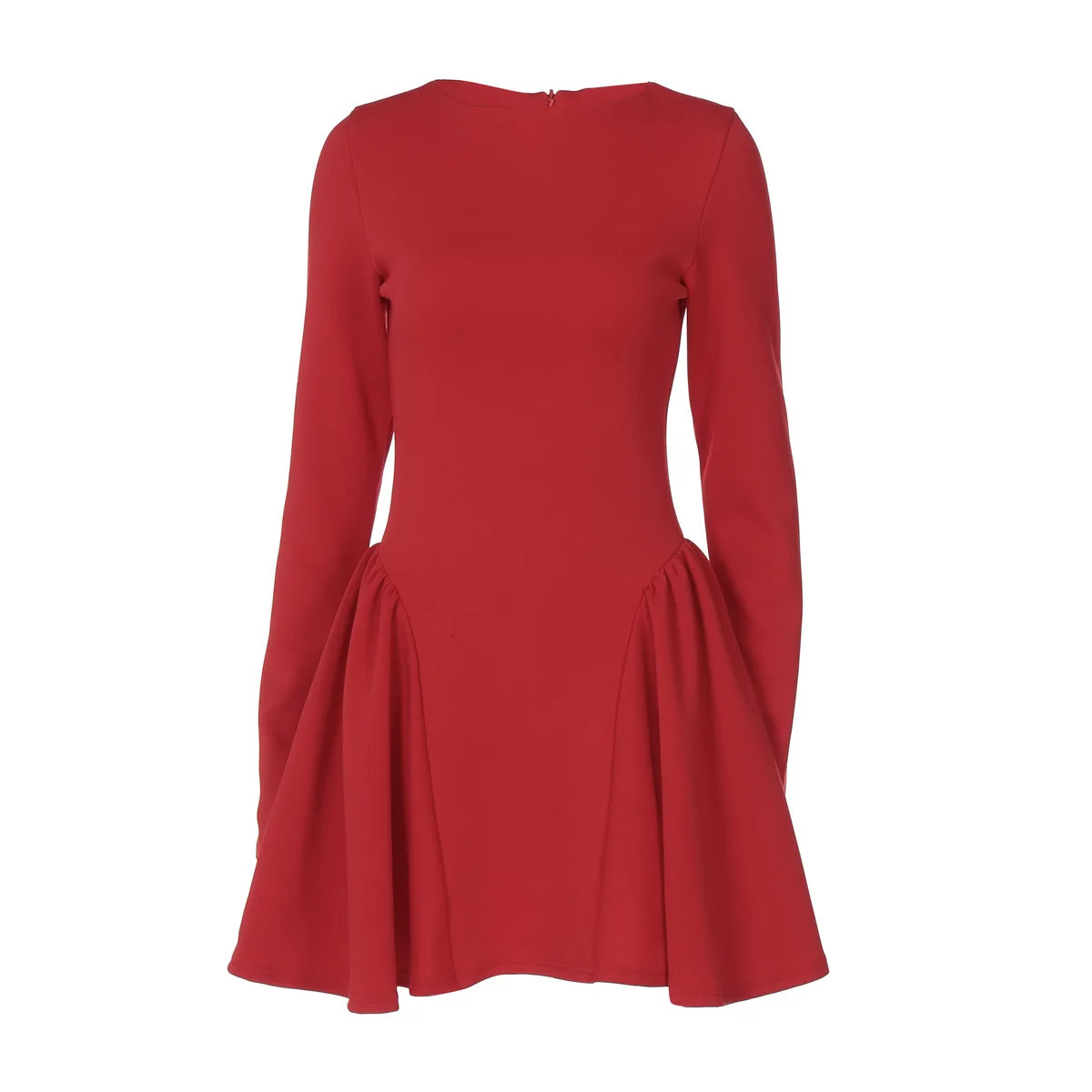 2025 Elegant Womens Mini Dress Long Sleeve A-Line Solid O-Neck High Waist Party Dress Zipper Tight Skirt N1222-3 250103