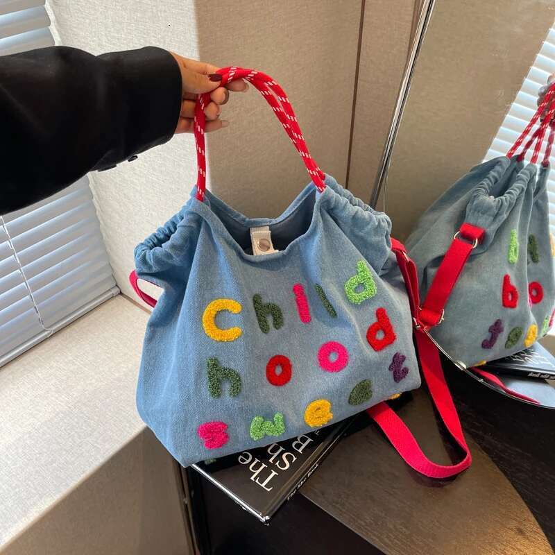 Large embroidered letter crossbody for women, casual denim cloth bag, large capacity canvas tote bag