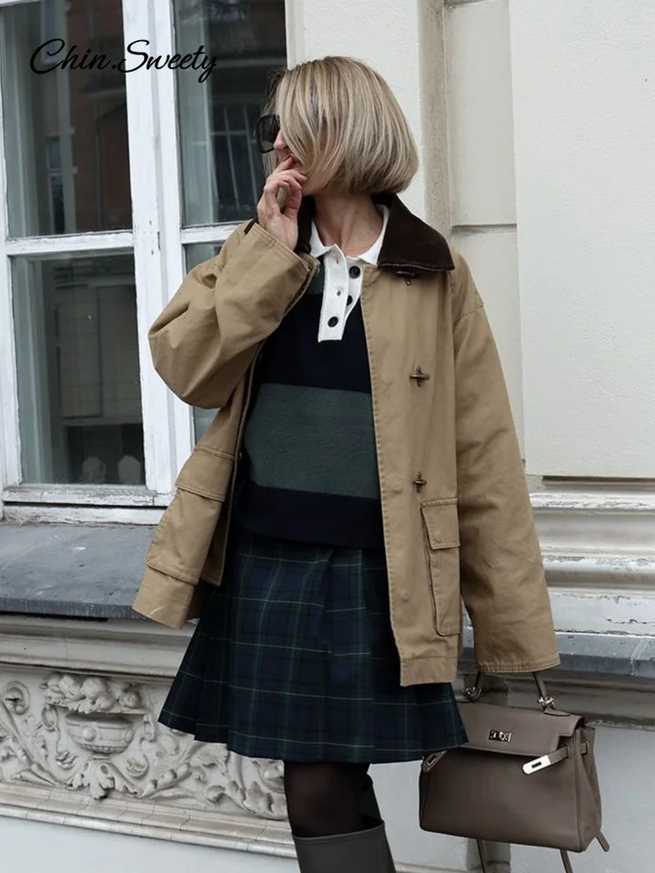 Vintage Womens Contrast Patchwork Jacket Big Pockets Long Sleeves Button Coat Female 2024 Autumn Lady Fashion Street Outwear 250103