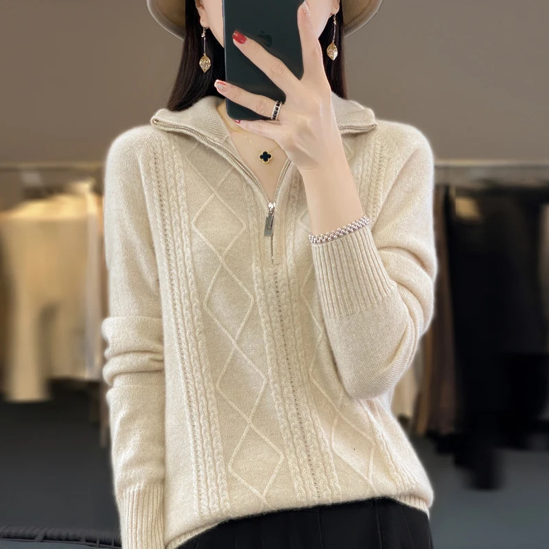 100% Merino Wool Womens Turtleneck Sweater Autumn Winter Casual Knit Loose Top Fashion Zipper Half Open Neck Cashmere Pullover 250103