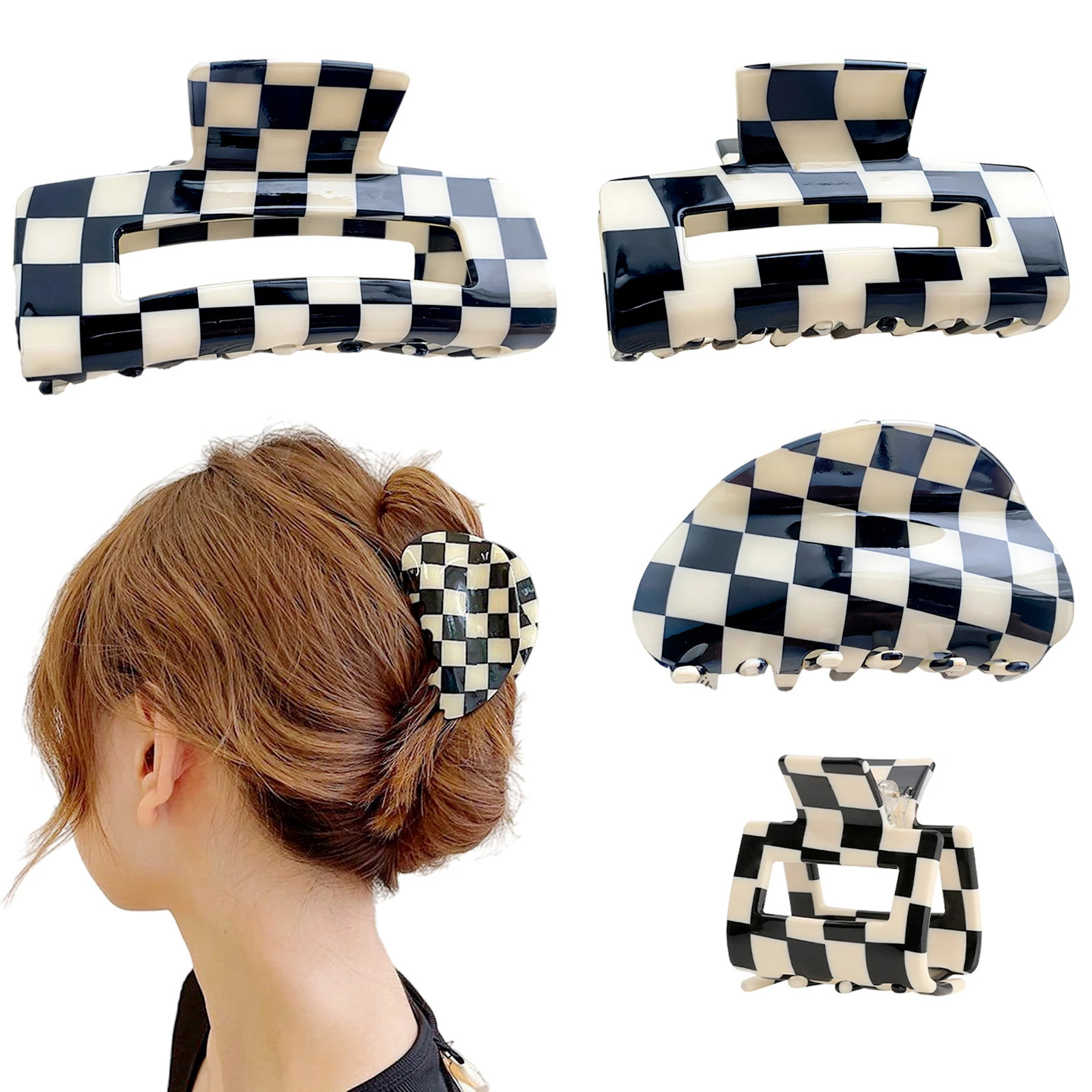 JINBUYAO 4inch Checkered Claw Clips 3 Styles 4pcs Classic Black White Checkerboard Acrylic Hair Clips 3 Sizes Y2K Hair Clip 250106