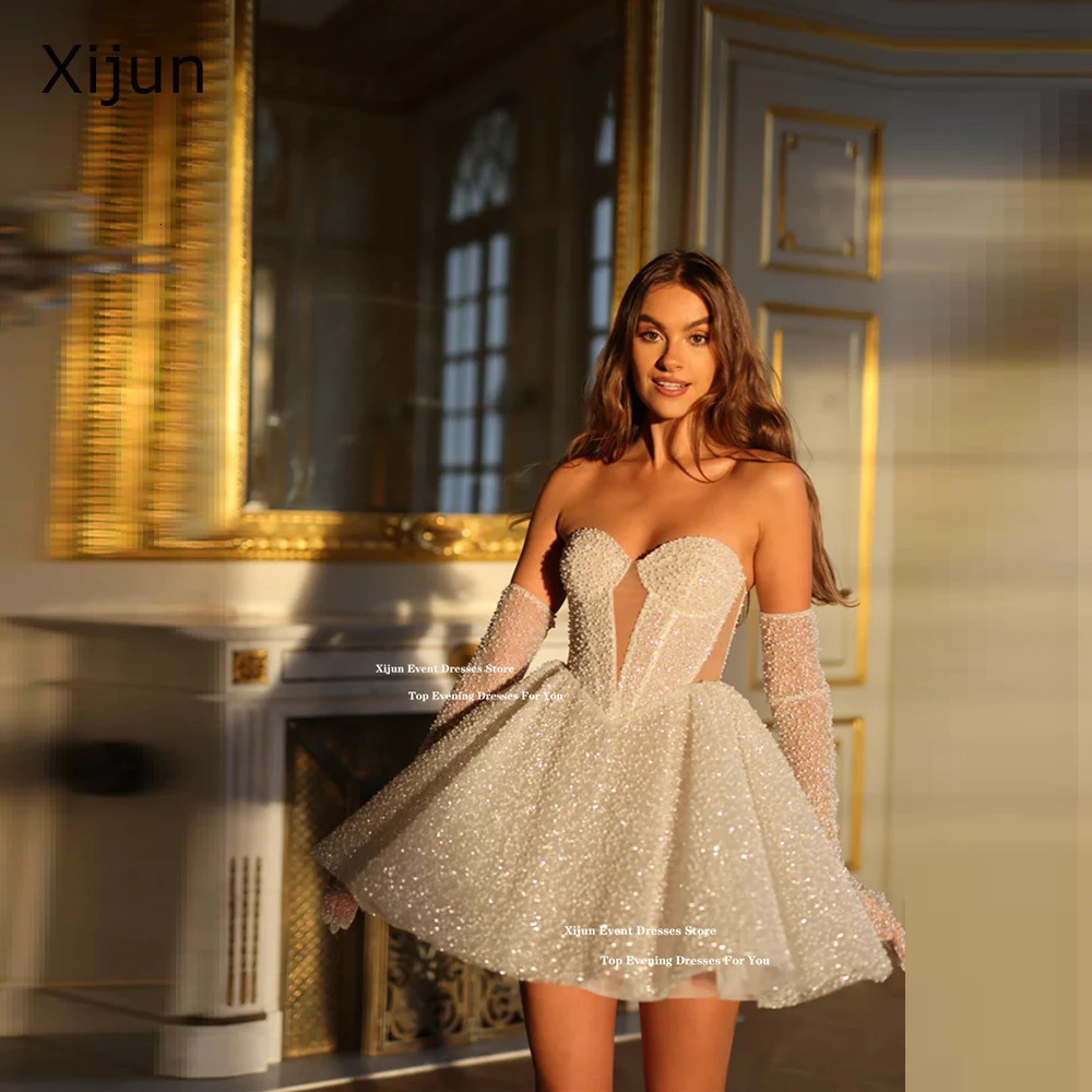 Xijin Glitter Short Wedding Dress Sweetheart Sleeveless A-Line Ball Dress Formal Event Cocktail Party Dress Customization 250103