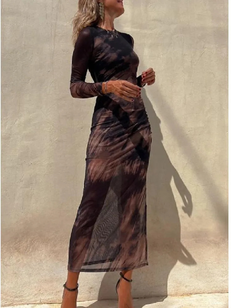 Autumn Mesh Sexy Printed For Womens Long Sleeved Dresses Simple Lace Fashion Slim Stretch Female Party Nightclub Dress 250103