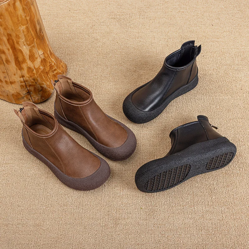 AIYUQI Women Booties Retro Fall Genuine Leather Flat Women Ankle Boots Round Toe Casual Large Size Women Shoes Boots
