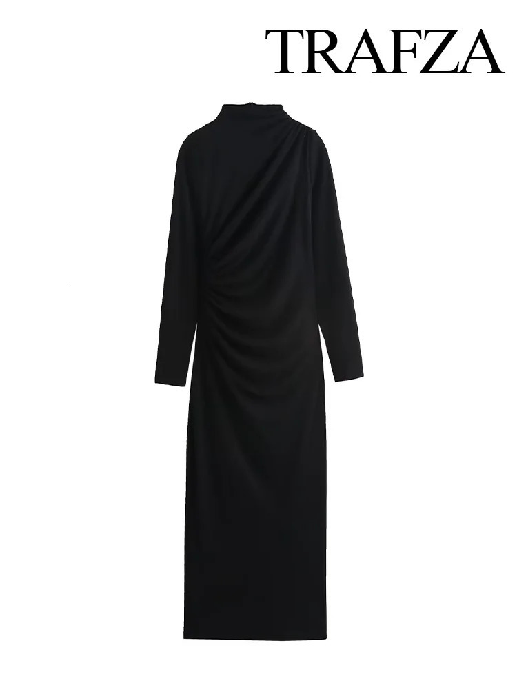 TRAFZA Woman Autumn High Street ONeck Long Dresses Sleeve Pleated Decoration Female Solid Back Zipper Mini Dress Trendy 250103