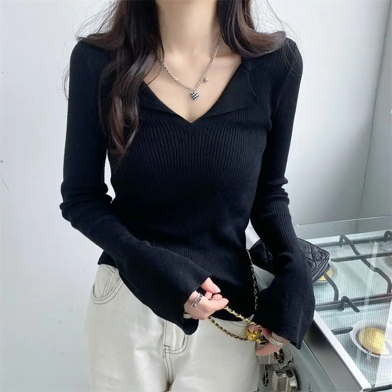 Clothing long sleeved polo neck womens knitted top plain weave cute T-shirt womens polyester summer sales V 250103