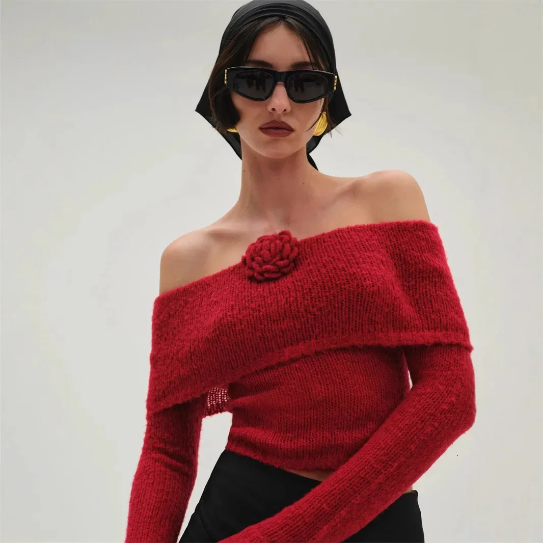 Red One Shoulder Lapel Off Knitted Sweater Top Handmade Flower Autumn and Winter for Women 250103