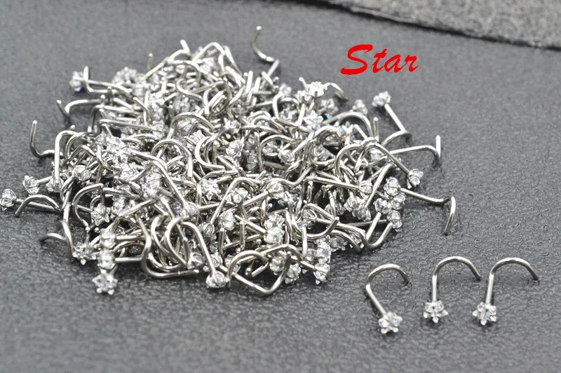 50pcs/Lot CZ Nose Stud Screw Steel Nose Ring Nose Piercing Shine Heart/Square/Round/Star 20G 250103