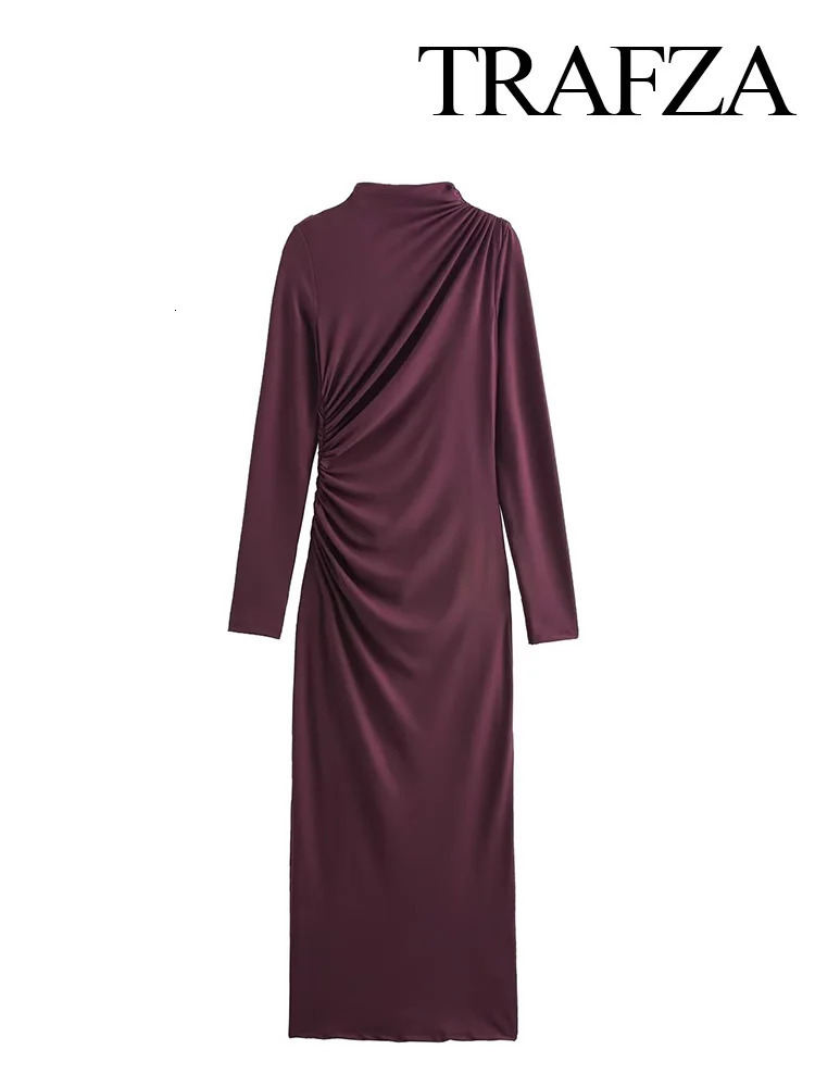 TRAFZA Woman Autumn High Street ONeck Long Dresses Sleeve Pleated Decoration Female Solid Back Zipper Mini Dress Trendy 250103