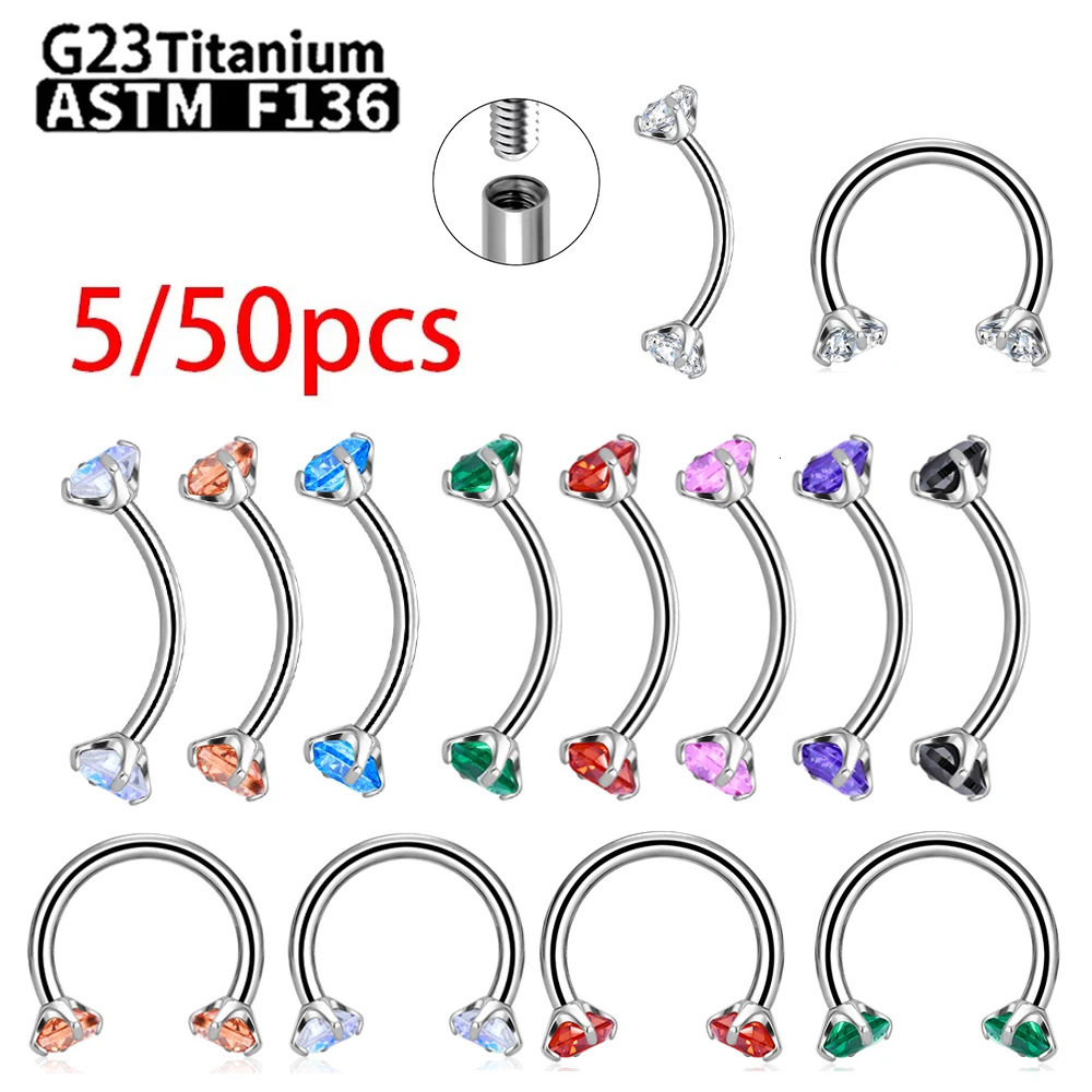 G23 ASTM F136 5/50PCS Eyebrow Piercing Nose Ring Colored Zircon Septum Helix Cartilage Piercing C rod Body Jewelry 250103