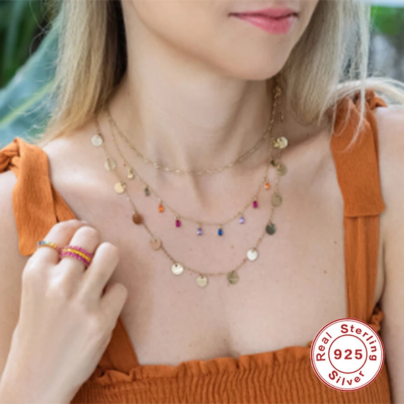 925 Sterling Silver Collar Bling Rainbow Zircon Pendant Necklace For Woman Birthday Valentines Day Party Gift Collares 250106