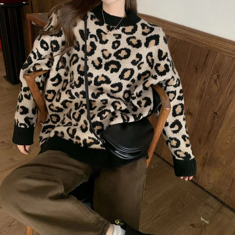 Biyaby Leopard Knitted Sweaters Woman Vintage Lazy Style Loose Jumper Blouse Women Autumn Winter ONeck Bottoming Pullovers 250103