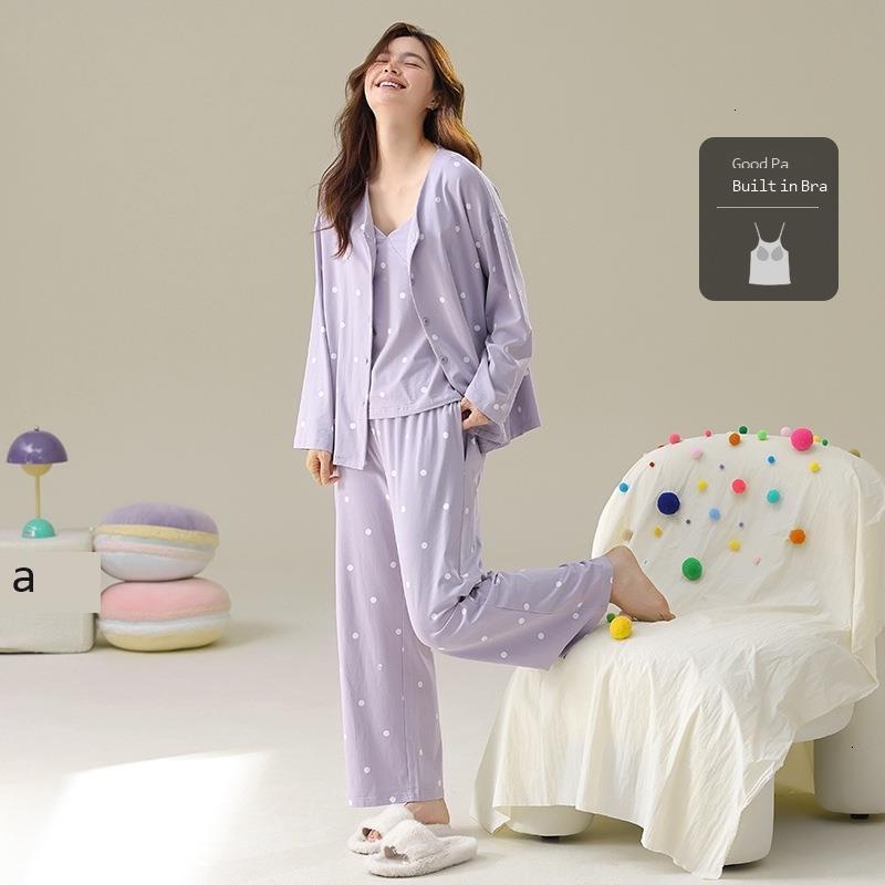 Three Piece Set Of Spring And Autumn Sleepwear With Chest Cushion Womens Long Sleeved Pure Cotton Pull-out Home Clothes