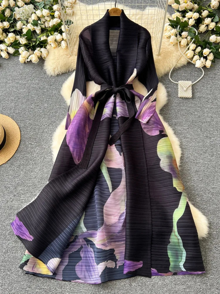 XFPV elegant style long sleeved lapel waist pleated belt printed womens Vestidos Y2k Korean fashion autumn 2025 250103