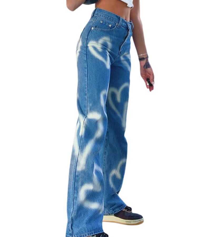 Autumn Womens 2022 Fashion Street Love Graffiti Casual High Waist Jeans for Women