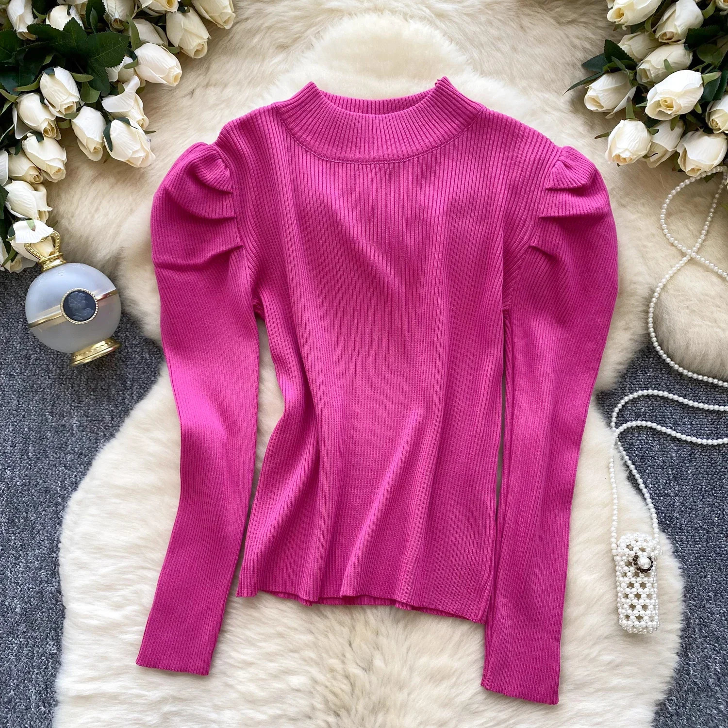 2025 Autumn Winter Women Simplicity Half High Collar Long Sleeve Sweaters Folds Shoulder Solid Multi Color Pullovers Tops 241227