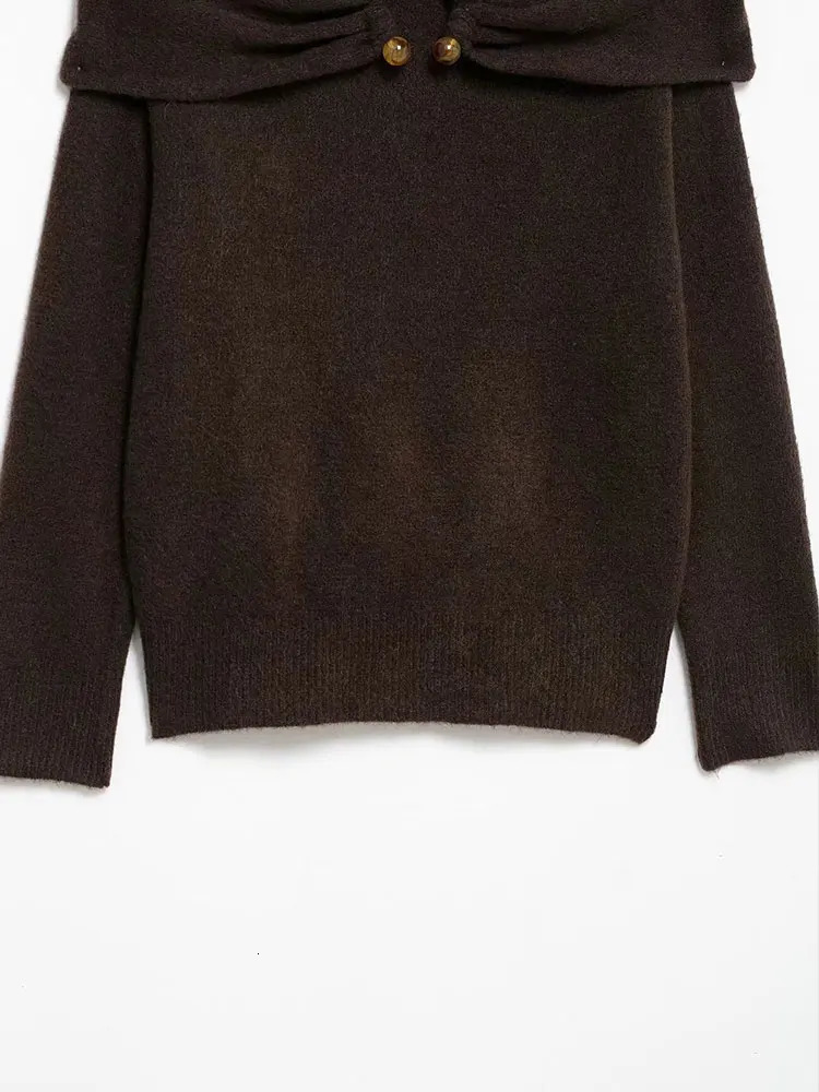 TRAF Women Edge Curl Ruched Off Shoulder Sweater Long Sleeve Knitted Sweaters Woman Chic Casual Pullovers Tops 250103