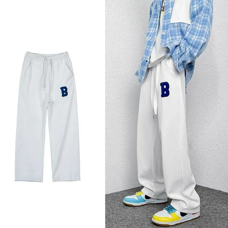 High street sports trend straight casual pants mens embroidery loose elastic waist sports drawstring pocket wide leg Trousers 250103