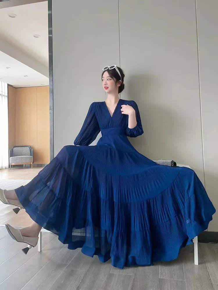 XFPV Elegant Solid Puff Sleeve Folds Long Dress Women Temperament Ruffles Hem Ruched Vestido Female 2025 Summer SM7067 250103