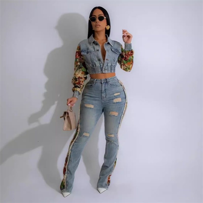 Women Tracksuits Two Pieces Set 2025 Spring Autumn Ins New Jeans Splicing 2-piece Fashion Side Lace Set