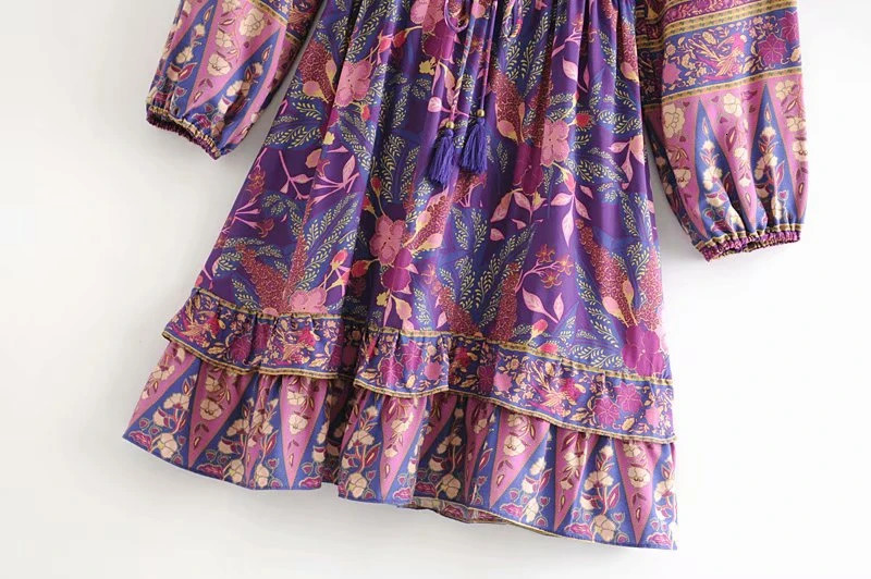 Happy Queens Womens Purple Printed Button V-neck Bohemian Mini Dress Womens Long Sleeve Elastic Waist Rayon Bohemian Dress 250103