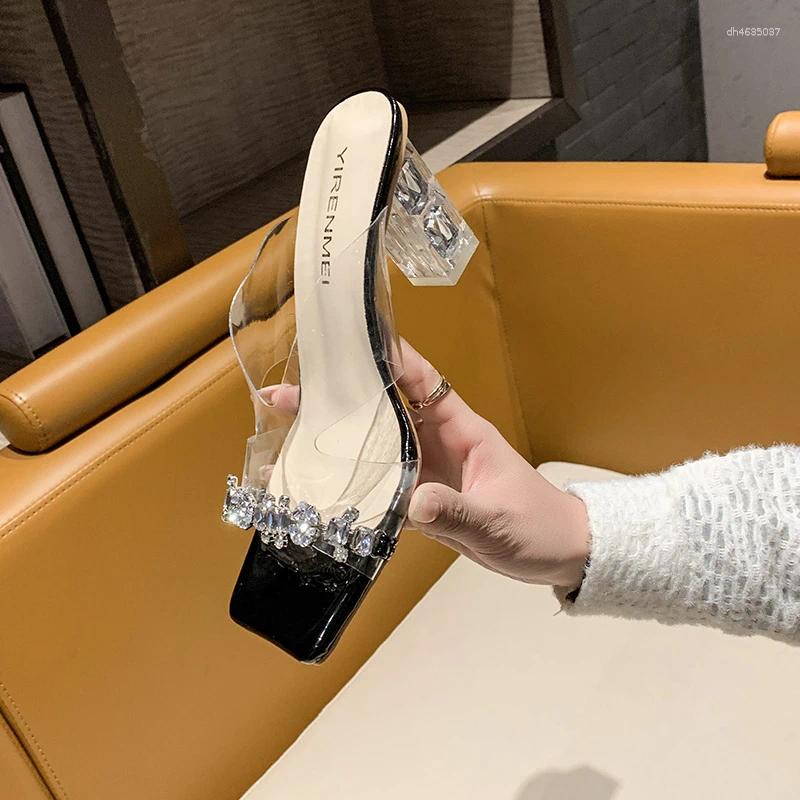 Sandals 2025 Summer Slippers Women's Thick Heel Square Toe Rhie Transparent Decoration Fashion High zhanyishengli
