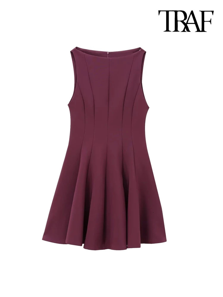TRAFWomens Flared Mini Dress Boat Neck Sleeveless Female Dresses Chic Fashion 250103