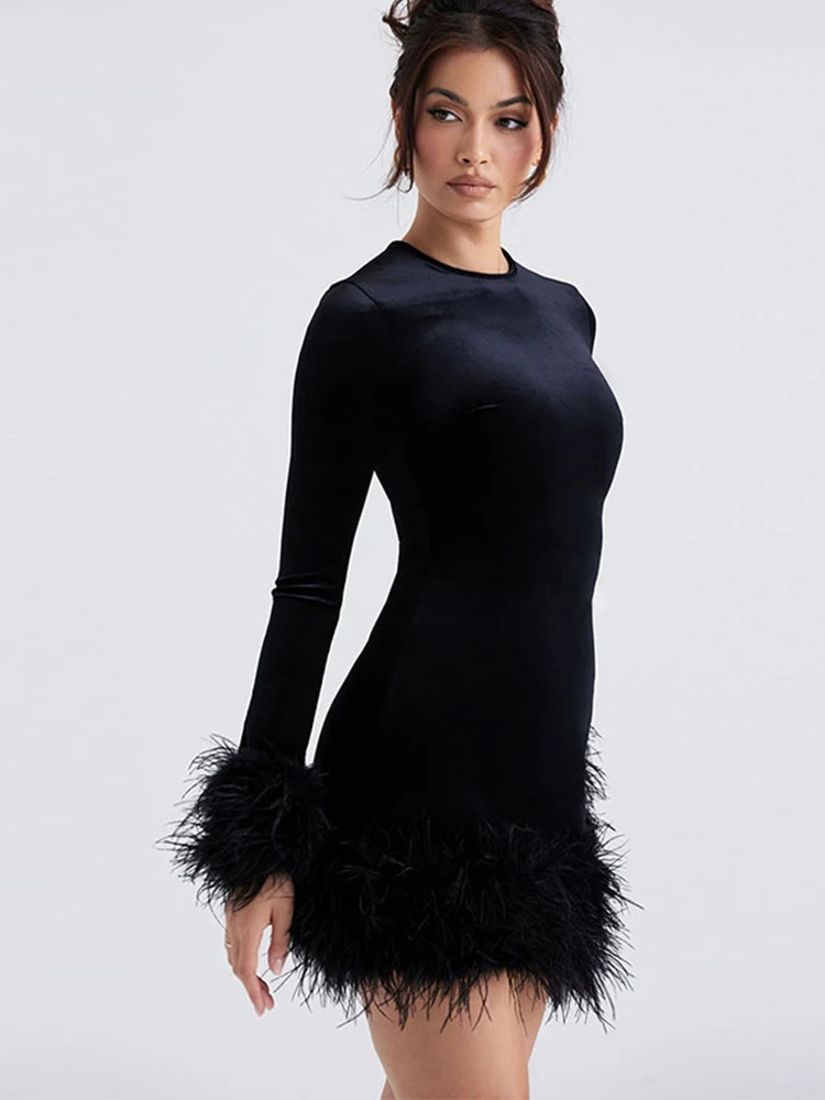 Elegant Feather Party Dress Womens Long Sleeve O-Neck Ultra Thin Velvet Mini Womens Dress 2025 Patch Work Hip Packaging Womens Robe 250103