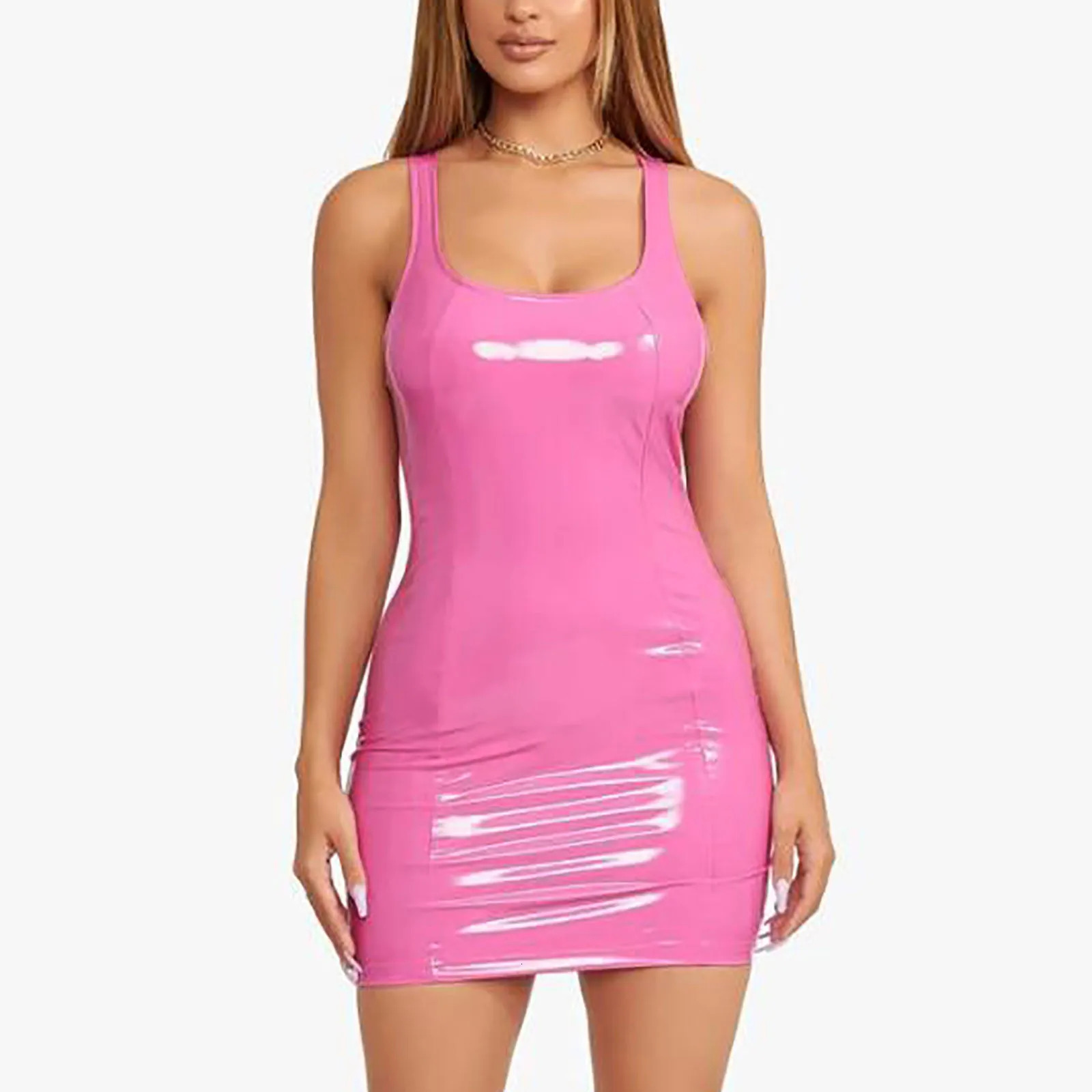 Women Dresses Evening Party Fashion Solid U Neck Sleeveless Leather Mini Bag Hip Night Club Dress Vestidos Para Mujer 250103