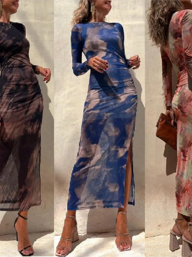 Autumn Mesh Sexy Printed For Womens Long Sleeved Dresses Simple Lace Fashion Slim Stretch Female Party Nightclub Dress 250103