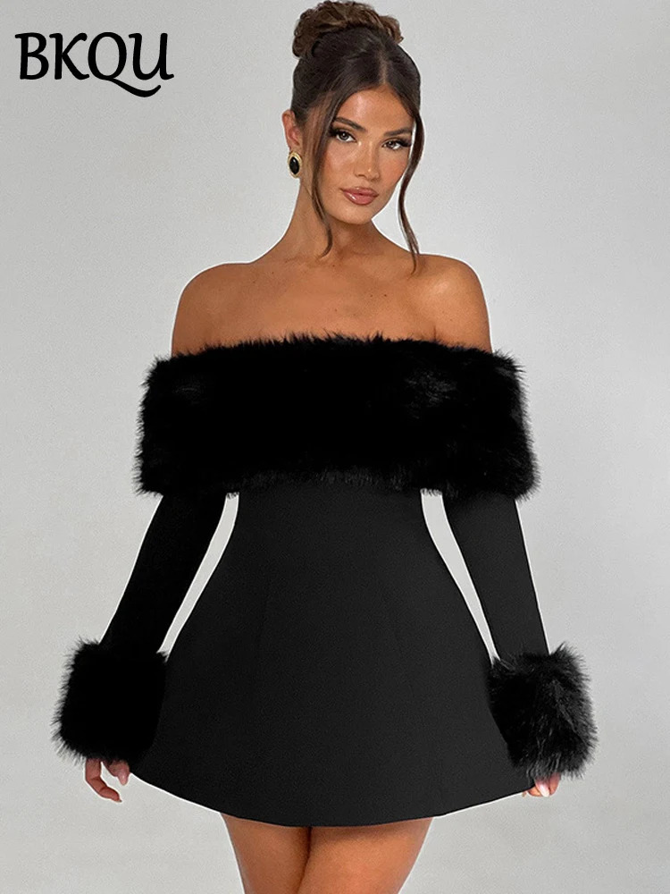 BKQU Strapless Fluffy Patchwork Mini Dress Women Fashion Off Shoulder Long Sleeve Slim ALine Dresses Ladies Evening Party Gown 250103
