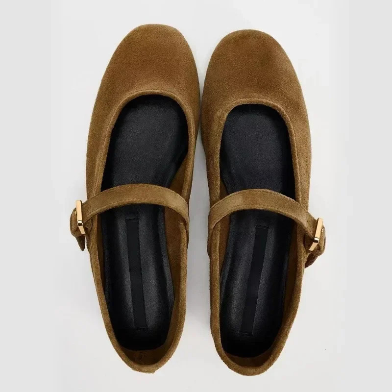 Walking Womens Mary Janes Shoes 2025 Autumn Round Toe Soft Faux Suede Retro Brown er Girl Barefoot Ballet Flats 250106