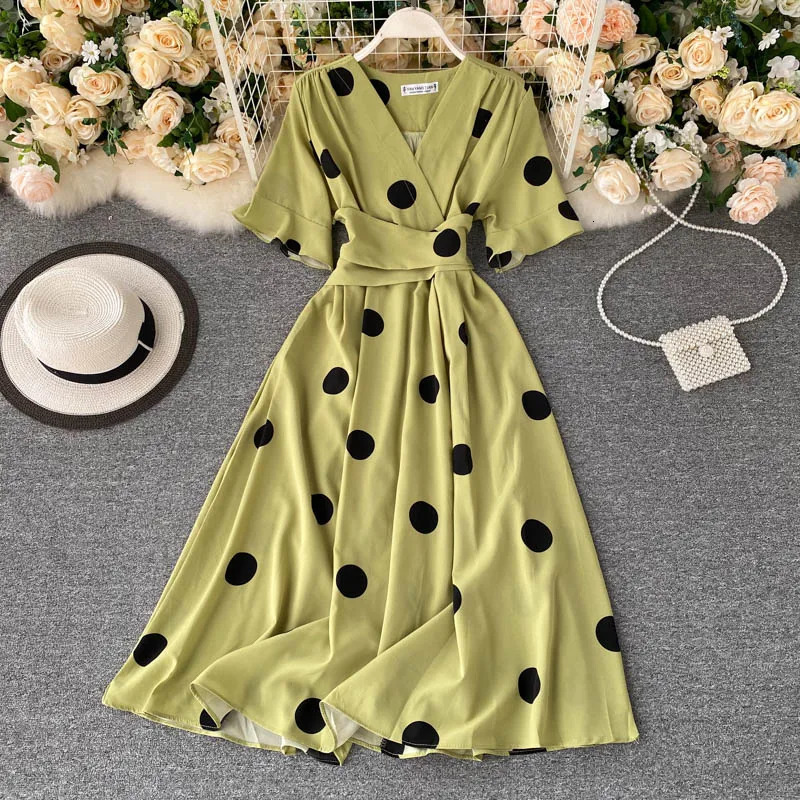 YuooMuoo Fashion Polka Dot Printed Womens Wear 2025 Elegant Retro Bandage Ultra Thin Waist Big Swing Long Sleeve Party Dress 250103