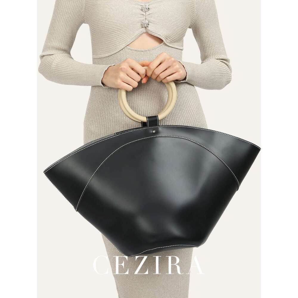 Women's Minimalist Style PU Vegan Leather Tote Fashion Oversized Double Round Wooden Handles Large Capacity Handbag Daily Purse