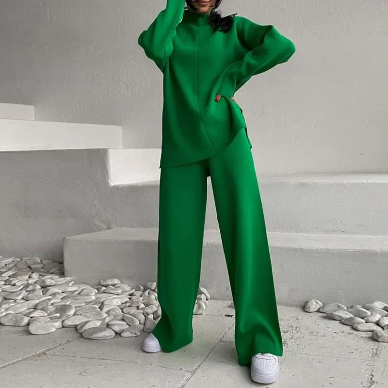 Spring and Autumn Fashion Solid Color Knitted Two Piece Set Round Neck Splicing JumperWide Leg Pants Loose Set 241230
