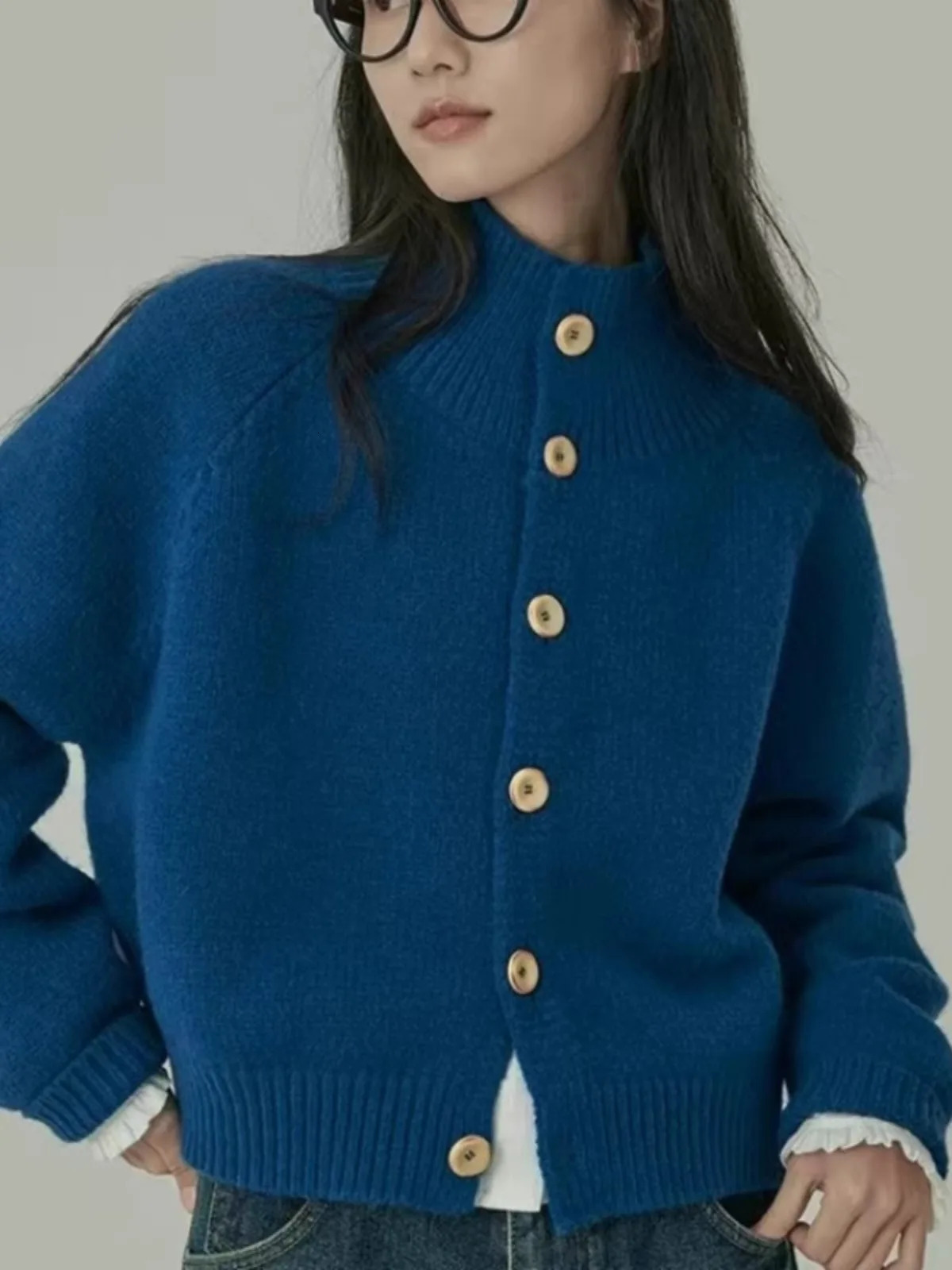 Stand collar 100%pure cashmere sweater womens thick loose knit vintage wool coat 250103