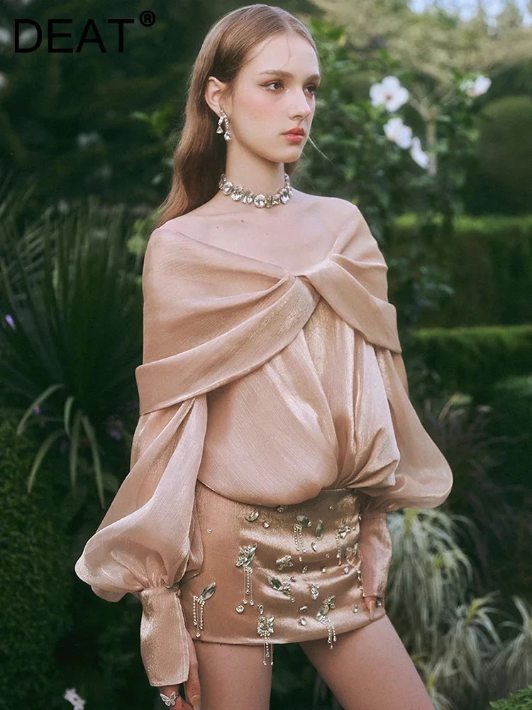 DEAT Elegant Dress with Diagonal Collar Folded Lantern Sleeves Diamond Splicing Hip Warp Mini Womens Party Dress Spring 2025 Style 35Z1670 250103