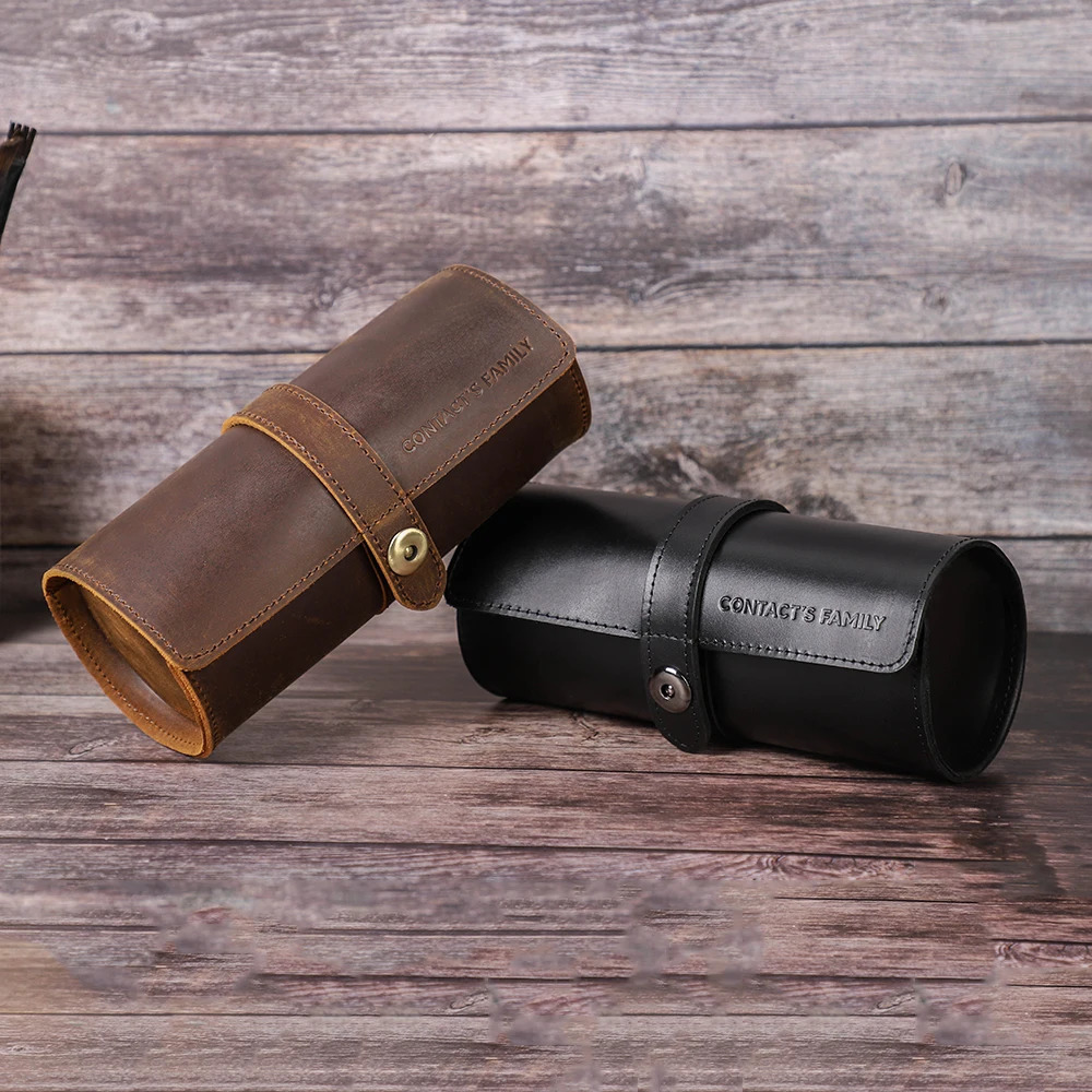 CONTACTs Home Handmade Watch Roll Box Organizer 3-Slot Watch Travel Leather Case Bracket Suitable for Men and Women with Buckles 250102