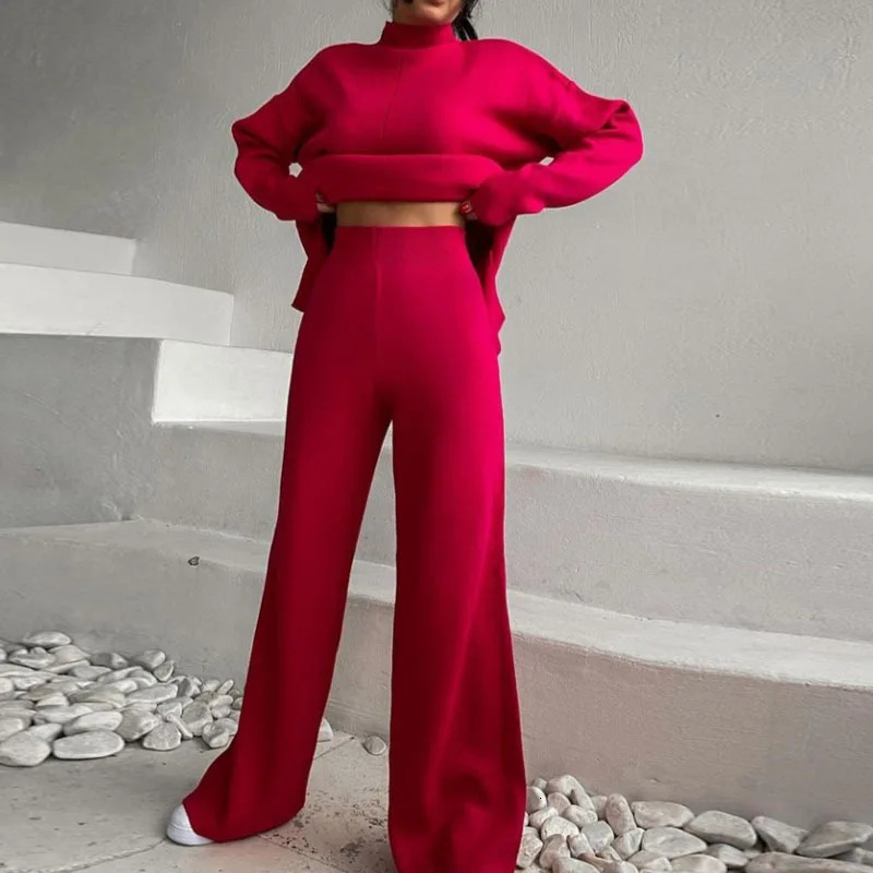 Spring and Autumn Fashion Solid Color Knitted Two Piece Set Round Neck Splicing JumperWide Leg Pants Loose Set 241230