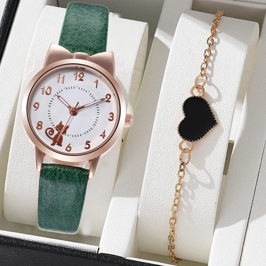 Fashion Womens Quartz Watch PU Leather Strap Student Cute Cartoon Girl WatchesJewlery Set NO BOX 241228