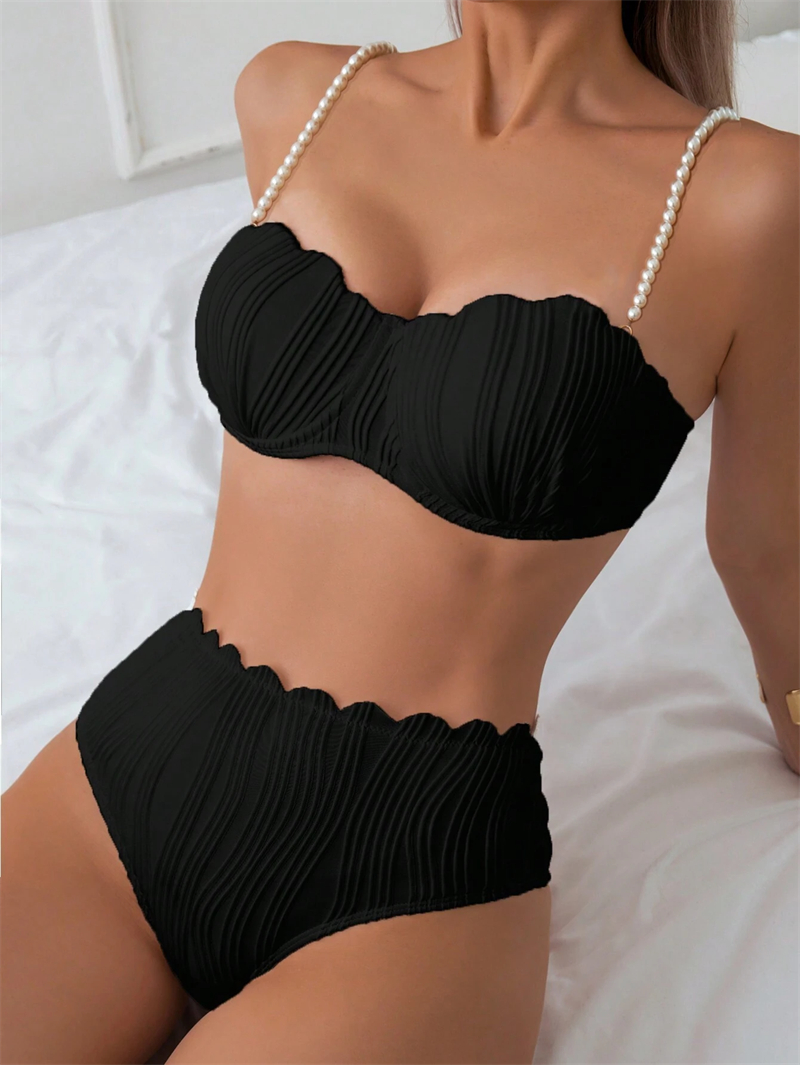 Stylish Shell Bikini Women Two Piece Swimsuit Solid Colors Pearl Straps Bikinis Set Scallop High Waist Swimwear with Underwire Lady Bathing Suit Brazi