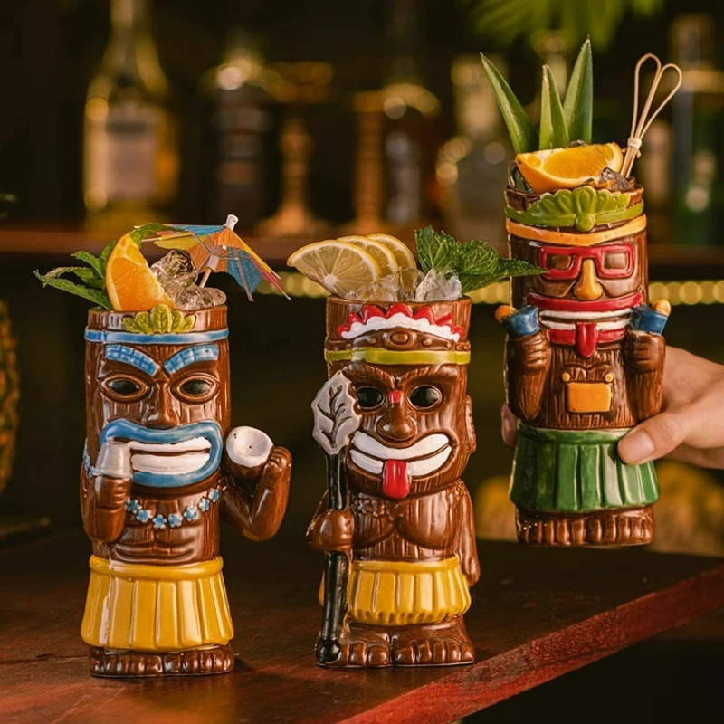 Hawaiian Style Brown Tiki Mug Creative Cocktail Mug Cup Zombie Ceramic Tiki Mug Drinkware Cup Mug For Tiki Bar Party 250106